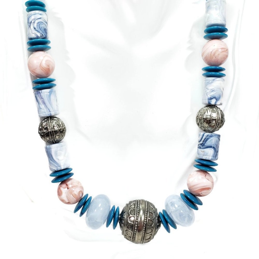 Vintage Blue Pink Acrylic Necklace 25"